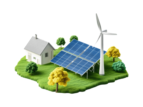 Eco-friendly home with solar panels and wind turbine isolated on transparent or white background - Powered by Adobe