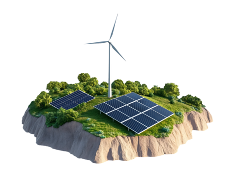 Remote renewable energy setup with solar panels and wind turbine isolated on transparent or white background
