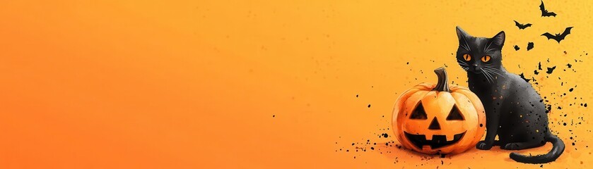 Fototapeta premium Halloween marketing banner featuring a black cat and jack o lanterns, watercolor style