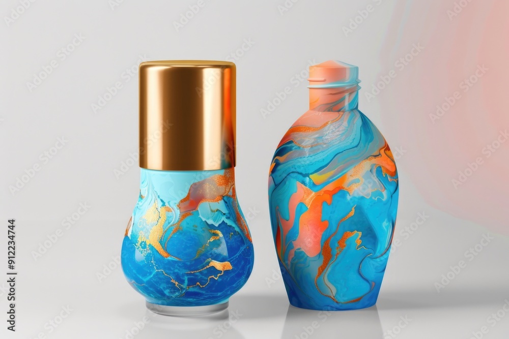 Poster two adjacent containers, possibly empty or filled with liquids, placed near each other