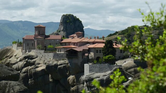 Monastery of the Holy Trinity Meteora Greece Panning shot slow motion