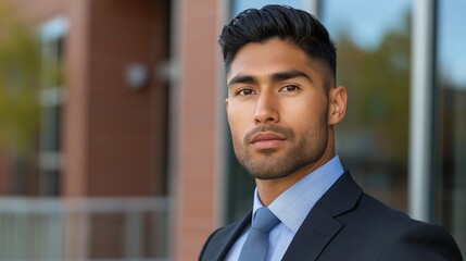 Fototapeta premium A man in a suit and tie stands in front of a brick building. He is wearing a blue shirt and a tie