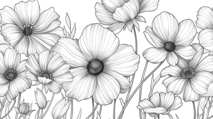 Simplified floral lineart motifs in a clean monochrome botanical pattern design  Elegant minimalist and organic aesthetic with delicate line art elements