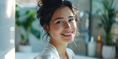 A woman with a bright smile poses for a photo, looking confident and carefree
