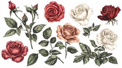 Fototapeta premium Collection vector of Hand-drawn vintage roses in intricate line art style