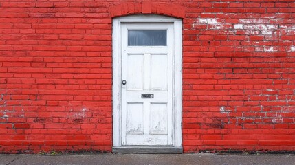 Fototapeta premium Modern single White door on brick wall in city,English architecture,luxury building,empty grunge urban street with warehouse brick wall,sidewalk by street wall and door,space for text concept.