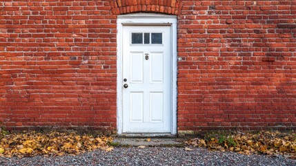 Fototapeta premium Modern single White door on brick wall in city,English architecture,luxury building,empty grunge urban street with warehouse brick wall,sidewalk by street wall and door,space for text concept.