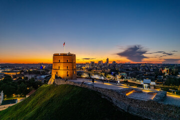 Aerial summer night view of Gediminas Castle Tower, Vilnius old town, Lithuania