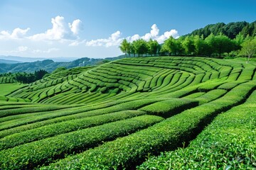 A sunny day at a green tea plantation, ideal for harvesting and production