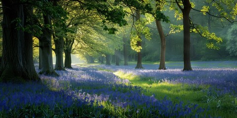 Serene Spring Forest: Vibrant Bluebells in Bloom Amidst Trees and Green Foliage, Bathed in Sunlight, Creating a Peaceful and Scenic Natural Landscape