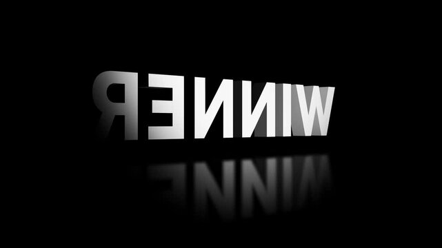 Winner celebration first place text 3D shiny silver chrome writing letter block animation spinning turning on black dark background light shadows reflection typography font