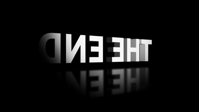 The End finish finale text 3D shiny silver chrome writing letter block animation spinning turning on black dark background light shadows reflection typography font