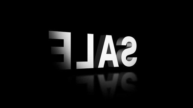 Sale promotional shopping text 3D shiny silver chrome writing letter block animation spinning turning on black dark background light shadows reflection typography font