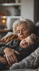 Obraz premium A loving grandmother is peacefully asleep with her grandson nestled in her arms
