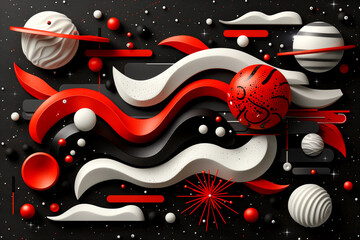 A colorful abstract painting of planets and stars with a red and white swirl