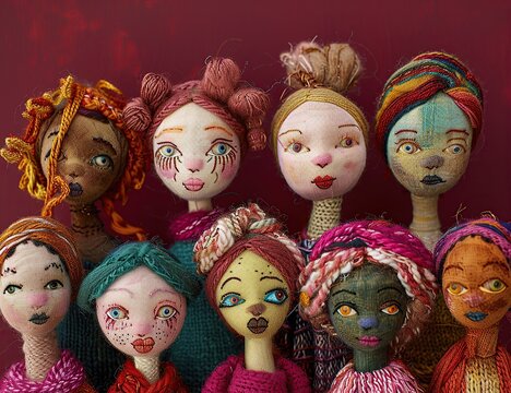 Colourful tiny girl baby dolls for sale at retail shop at Christmas market, New Market area,