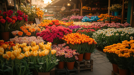 Photograph the vibrant colors of a city flower market