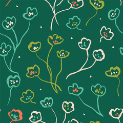 Fototapeta premium Hand-drawn floral seamless pattern. Ink stroke texture. Nature floral repeated background for fabric design. Simple and stylish vector print.