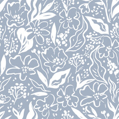 Hand-drawn floral seamless pattern. Ink stroke texture. Matisse style. Nature floral repeated background for fabric design. Simple and stylish vector print in neutral colors.