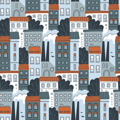 Vector city seamless pattern. Hand-drawn urban landscape for repeat fabric or wallpaper design. Kids wallpaper. Cute European city background.   © Utro na more