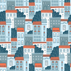Vector city seamless pattern. Hand-drawn urban landscape for repeat fabric or wallpaper design. Kids wallpaper. Cute European city background.   © Utro na more