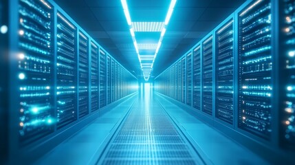 Modern Data Center with Blue Lighting