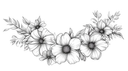 Elegant and minimalist line art floral wreath design with stylized botanical elements and a aesthetic  The delicate silhouetted foliage and flowers create a beautiful nature inspired border or frame