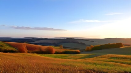 Obraz premium Sunlit Autumn Field with Rolling Hills in the Distance