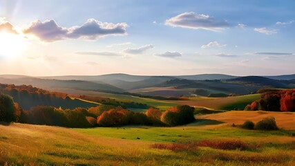 Obraz premium Sunlit Autumn Field with Rolling Hills in the Distance