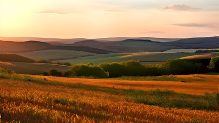 Obraz premium Sunlit Autumn Field with Rolling Hills in the Distance
