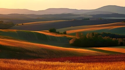 Sunlit Autumn Field with Rolling Hills in the Distance