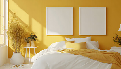 A modern bedroom features a vibrant yellow accent wall with two blank white picture frames above a neatly made bed with white linens and yellow pillows. The room is adorned with lush green plants,