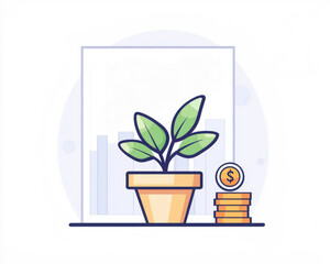 Illustration of plant in a pot with coins beside it, symbolizing financial growth and investment.