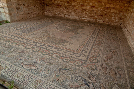 mosaic of fisherman in ancient nikopolis roman ruins on the floor fo palaiocristianic vasilica church preveza greece