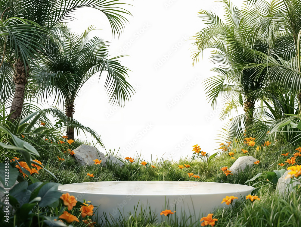 Poster Round empty podium with palm trees, rocks, grass and flowers displaying products on a white background