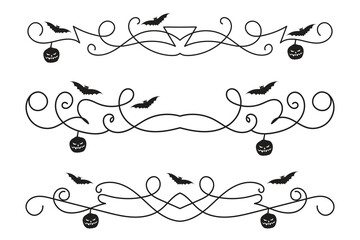 Obraz premium set of Halloween flourish dividers, hand-drawn fancy lines with pumpkins and Bats vine scroll page separator, decorative ornate swirls vintage menu Wedding border holiday design element