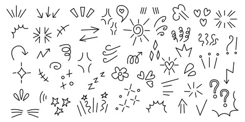 Set anime emotion effect. hand-drawn cute cartoony expression sign doodle line stroke.
