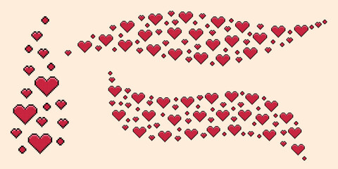 Set of pixel art heart swoosh. Vector 8-bit y2k retro style illustration.