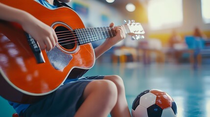 Boy playing a guitar, soccer ball at feet, science fair project in the background, bright midday light, blurred school gym background, artistic focus on passion and intellect, vibrant and inspiring,