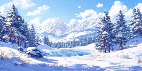 Glacial Enchantment: A High-Detail Hand-Drawn Snow Scene Embracing the Tranquility of Nature with Gentle Warmth for Winter's Charm in Anime Style,Abstract concepts, game concept art