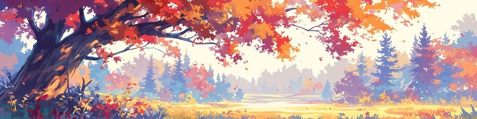 Enchanting Anime-Inspired Autumn Landscape: Vibrant 4K Wallpaper Featuring Colorful Fall Trees and Misty Mountains. Creative Abstract Cartoon Scenery for Game Art, Marketing Backgrounds, and Digital I