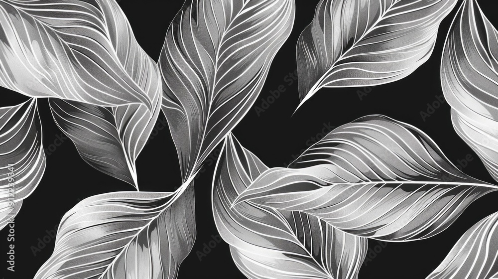 Poster elegant and intricate line art leaf outlines with detailed botanical patterns in a minimalist monoch