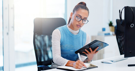 Tablet, writing and woman with plan in office, research or virtual assistant with schedule or...