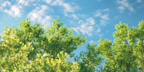 Green tree tops against blue sky side perspective springtime