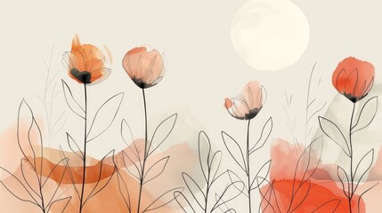 Minimalist line art botanical decor featuring chic floral blooms with delicate petals and leaves in a soft elegant color palette  The design showcases the beauty of nature in a contemporary