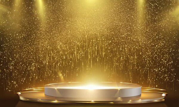 A luxurious golden stage adorned with glittering lights and sparkling particles. Elegant award ceremony celebrating