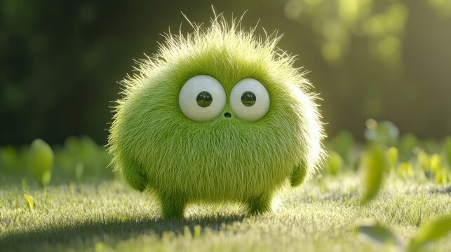Cute lime color furry monster 3D cartoon character