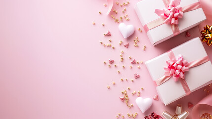 Obraz premium Charming and delightful Pink Gift Boxes adorned with Heart Decor, perfect for all your wonderful Celebrations and special occasions