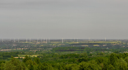 Pole obstawione wiatrakami, turbiny napędzane energia wiatru, zielona elektrownia  © Paweł Kacperek
