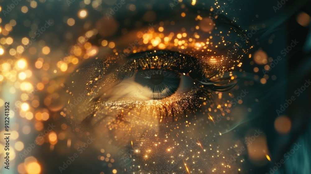 Poster a close-up view of an eye with glitter applied